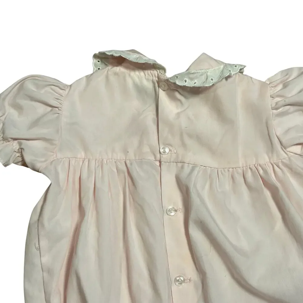 VTG 70s Baby Girl Pink Smocked Romper Teddy Bear Puff Sleeve Cottage Coquette